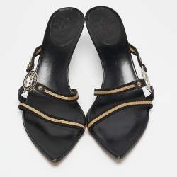 Pre Owned Gucci Black GG Interlocking Leather Strappy Slide Sandals Size 37.5