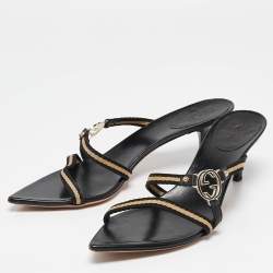 Pre Owned Gucci Black GG Interlocking Leather Strappy Slide Sandals Size 37.5