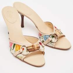 Pre Owned Gucci Multicolor Canvas and Leather Horsebit Slide Sandals Size 37.5