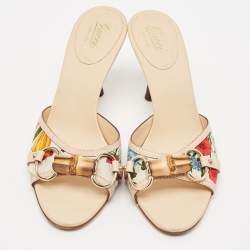 Pre Owned Gucci Multicolor Canvas and Leather Horsebit Slide Sandals Size 37.5