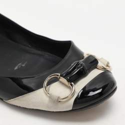 Gucci Black/Grey Patent Leather and Suede Bamboo Horsebit Ballet Flats Size 39