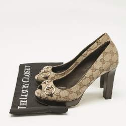 Pre Owned Gucci Beige GG Canvas New Hollywood Horsebit Peep Toe Pumps Size 38