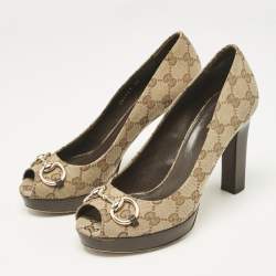 Pre Owned Gucci Beige GG Canvas New Hollywood Horsebit Peep Toe Pumps Size 38