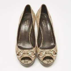 Pre Owned Gucci Beige GG Canvas New Hollywood Horsebit Peep Toe Pumps Size 38