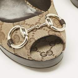 Pre Owned Gucci Beige GG Canvas New Hollywood Horsebit Peep Toe Pumps Size 38