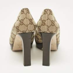 Pre Owned Gucci Beige GG Canvas New Hollywood Horsebit Peep Toe Pumps Size 38