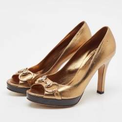 Gucci Gold Leather Horsebit Peep Toe Pumps Size 36.5