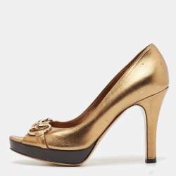 Gucci Gold Leather Horsebit Peep Toe Pumps Size 36.5