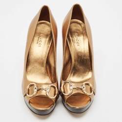 Gucci Gold Leather Horsebit Peep Toe Pumps Size 36.5