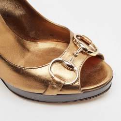 Gucci Gold Leather Horsebit Peep Toe Pumps Size 36.5