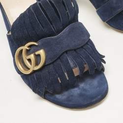 Gucci Navy Blue Suede Horsebit Slide Sandals Size 36
