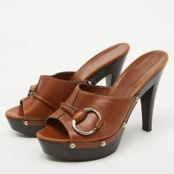 Gucci Brown Leather Icon Bit Platform Clogs Size 37.5