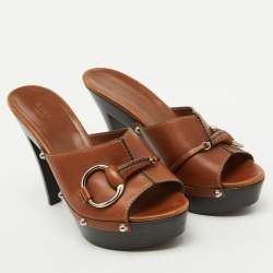 Gucci Brown Leather Icon Bit Platform Clogs Size 37.5