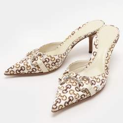 Gucci White/Green Satin Horsebit Pointed Toe Mules Size 36.5