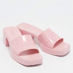 Gucci Pink Rubber Logo Embossed Platform Slide Sandals Size 37