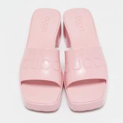 Gucci Pink Rubber Logo Embossed Platform Slide Sandals Size 37