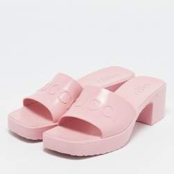 Gucci Pink Rubber Logo Embossed Platform Slide Sandals Size 37