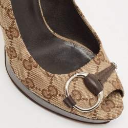 Gucci Beige GG Canvas New Hollywood Horsebit Peep Toe Pumps Size 36.5