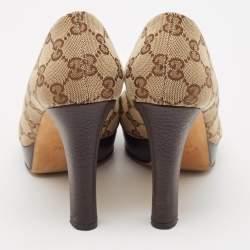 Gucci Beige GG Canvas New Hollywood Horsebit Peep Toe Pumps Size 36.5