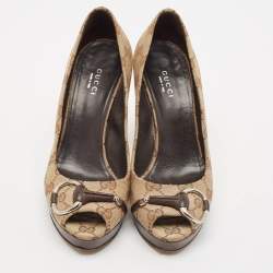 Gucci Beige GG Canvas New Hollywood Horsebit Peep Toe Pumps Size 36.5