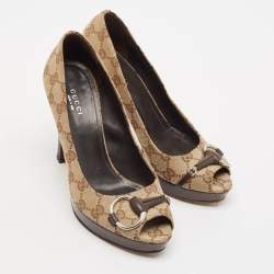 Gucci Beige GG Canvas New Hollywood Horsebit Peep Toe Pumps Size 36.5