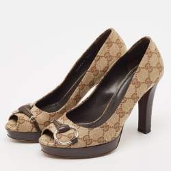 Gucci Beige GG Canvas New Hollywood Horsebit Peep Toe Pumps Size 36.5