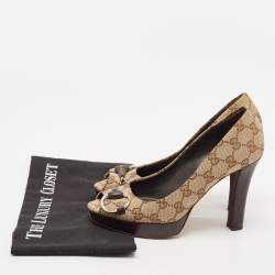 Gucci Beige GG Canvas New Hollywood Horsebit Peep Toe Pumps Size 36.5