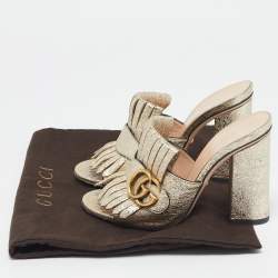 Gucci Silver Crackle Leather GG Marmont Fringed Slide Sandals Size 35