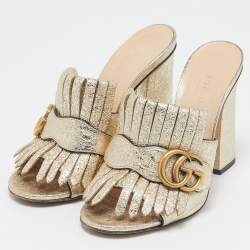 Gucci Silver Crackle Leather GG Marmont Fringed Slide Sandals Size 35