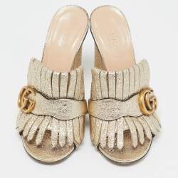Gucci Silver Crackle Leather GG Marmont Fringed Slide Sandals Size 35
