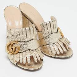 Gucci Silver Crackle Leather GG Marmont Fringed Slide Sandals Size 35