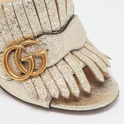 Gucci Silver Crackle Leather GG Marmont Fringed Slide Sandals Size 35