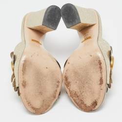 Gucci Silver Crackle Leather GG Marmont Fringed Slide Sandals Size 35