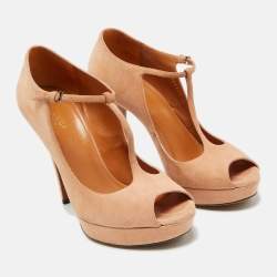 Gucci Pink Suede Peep Toe Platform T-Strap Pumps Size 38