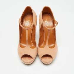 Gucci Pink Suede Peep Toe Platform T-Strap Pumps Size 38