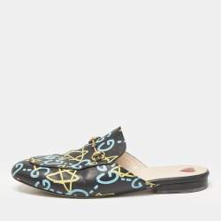 Gucci Black Leather Ghost Print Horsebit Princetown Flat Mules Size 41