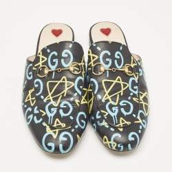 Gucci Black Leather Ghost Print Horsebit Princetown Flat Mules Size 41