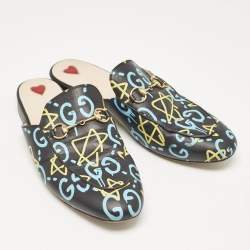 Gucci Black Leather Ghost Print Horsebit Princetown Flat Mules Size 41