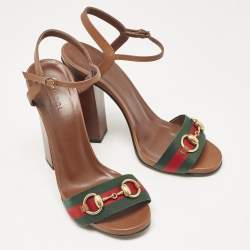 Pre Owned Gucci Brown Leather Web Horsebit Ankle Strap Sandals Size 38