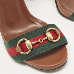 Pre Owned Gucci Brown Leather Web Horsebit Ankle Strap Sandals Size 38