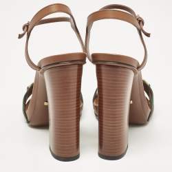 Pre Owned Gucci Brown Leather Web Horsebit Ankle Strap Sandals Size 38