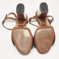 Pre Owned Gucci Brown Leather Web Horsebit Ankle Strap Sandals Size 38