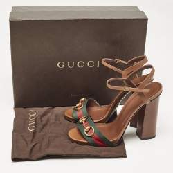 Pre Owned Gucci Brown Leather Web Horsebit Ankle Strap Sandals Size 38