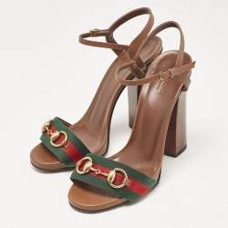 Pre Owned Gucci Brown Leather Web Horsebit Ankle Strap Sandals Size 38