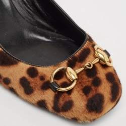 Pre Owned Gucci Brown Leopard Print Calf Hair Horsebit Pumps Size 38