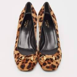 Pre Owned Gucci Brown Leopard Print Calf Hair Horsebit Pumps Size 38