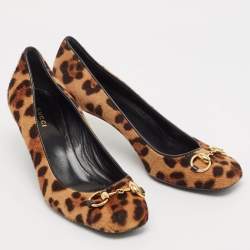 Pre Owned Gucci Brown Leopard Print Calf Hair Horsebit Pumps Size 38