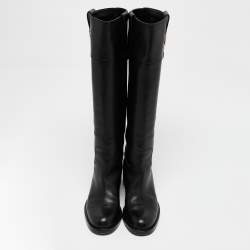 Pre Owned Gucci Black Leather Riding Mid Calf  Boots Size 36.5