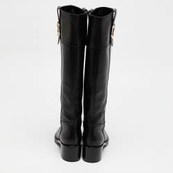 Pre Owned Gucci Black Leather Riding Mid Calf  Boots Size 36.5