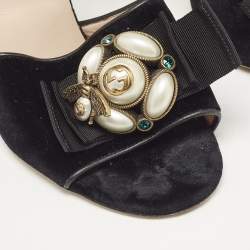 Gucci Black Velvet Bee Pearl Ankle Strap Sandals Size 38